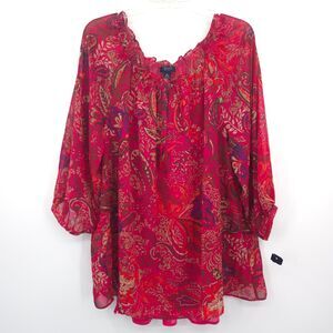 Chaps NWOT paisley chiffon peasent top Size XL red pink w/ tank top Boho peasant
